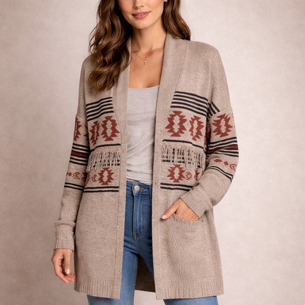 Maurices Western Boho Cardigan Aztec Print Open Front Cozy Knit Sweater Small